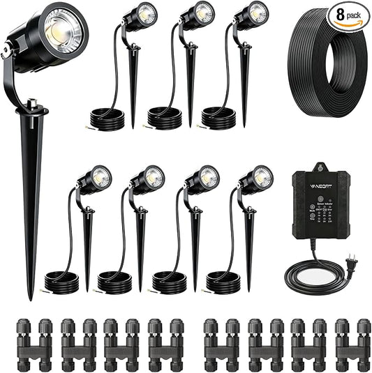 Low Voltage Landscape Lighting Kit, 8 Pack 5W LED Spotlight, 550LM IP65 Waterproof Outdoor Lights with Timer Function Transformer, 65FT Cable 2700K for Garden Yard Path