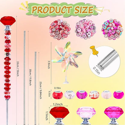 148 PCS Beaded Garden Stakes Kit, DIY Fairy Wand Garden Stake Beads Kits with Assortment Large Hole Beads 6 Crystal Stopper Top Threaded Rods and 3 Colored Small Windmills for Outdoor Indoor Decor