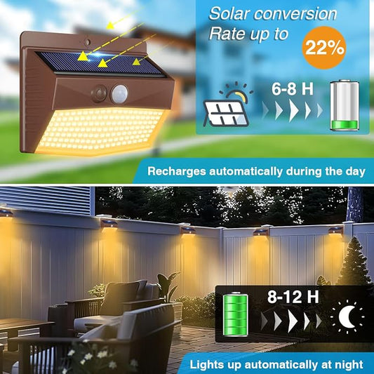 Peasur Solar Outdoor Lights, [8 Packs] Motion Sensor Security Lights with 3 Lighting Modes Wall Lights Waterproof Solar Powered Lights for Garden Yard,Brown White
