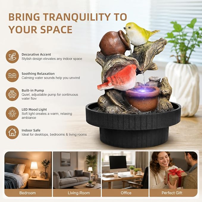 Ferrisland Resin LED Indoor Water Fountains Office Home Relocation Gifts | Indoor Waterfall Fountains Relaxation Home Decor with LED Light for Home Office Bedroom House Warming Gift Idea