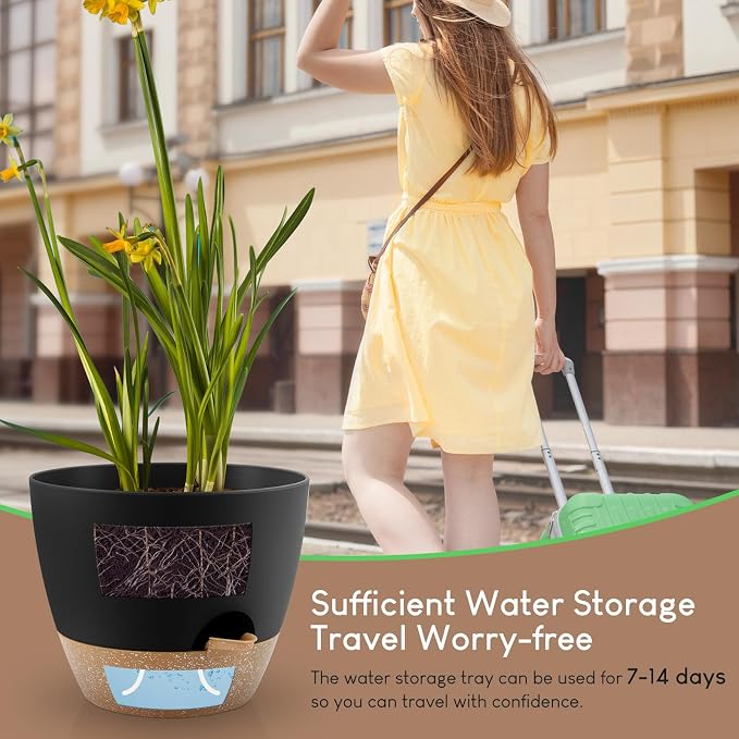 YNNICO Plant Pots 10/9/8/7.5/7 inch, Self Watering Planters with Drainage Holes & Saucers for Indoor and Outdoor Plants (Black)