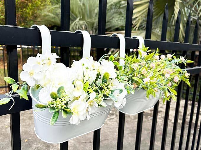 12" Balcony Railing Planters, Outdoor Hanging Planter for Fence, Stylish Metal Porch Deck Flower Pot for Herbs & Succulents (White, Pack of 2)