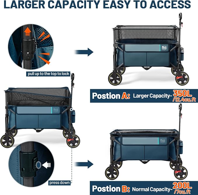 Timber Ridge 350L Extra Large Collapsible Folding Wagon Carts with Brake, Heavy Duty Outdoor Camping Utility Wagons with Extended Height, Adjustable Handle, Cup Holders, Side Bag(Blue)