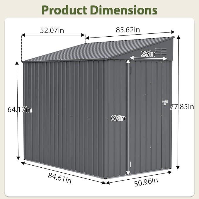 YOPTO 4×7 FT Outdoor Metal Storage Shed,Heavy-Duty Lean to Storage Shed with Lockable Door and Reinforced Beams,All Weather Waterproof Storage House W/2 Air Vents,for Backyard,Patio,Lawn,Dark Gray