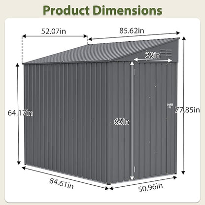 YOPTO 4×7 FT Outdoor Metal Storage Shed,Heavy-Duty Lean to Storage Shed with Lockable Door and Reinforced Beams,All Weather Waterproof Storage House W/2 Air Vents,for Backyard,Patio,Lawn,Dark Gray