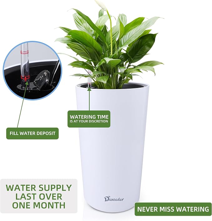 Dexceder 22x13 Self Watering Tall Planter (White Matte) | High Cylinder, Thickened Large Floor Standing Flower Plant Pot with Water Level Indicator Indoor Outdoor