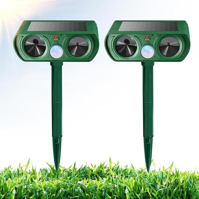 2 Pack Solar Ultrasonic Animal Repellent Deer Repellent Devices Cat Repellent Outdoor Motion Activated Rabbit Squirrel Repellent Waterproof for Yard, Farm, Garden