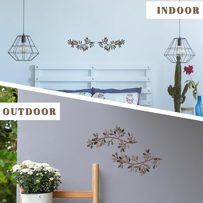 Hotop 2 Pieces Metal Tree Leaf Wall Decor Vine Olive Branch Leaf Wall Art Wrought Iron Scroll Sculptures Above the Bed, Living Room, Outdoor Decoration(Classic Style,Classic Color)