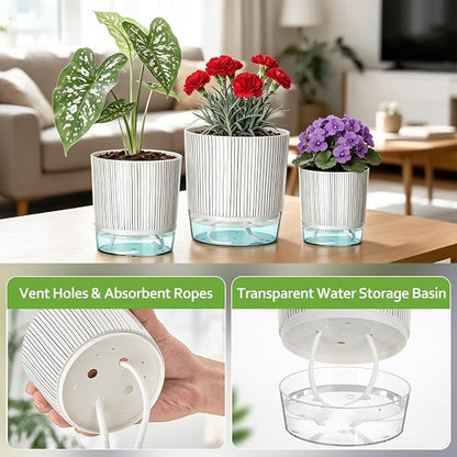 3 Pack Self Watering Pots for Indoor Plants, 4+5.5+6.3 Inch Self Watering Plant Pots, Flower Pots with Wick Rope and Reservoir - Black Stripes