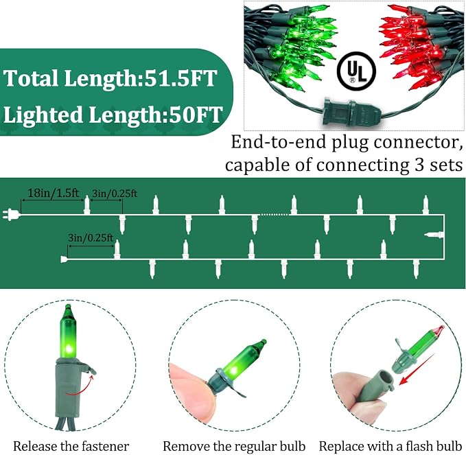 Red and Green Christmas Lights Outdoor, 50FT 200 Count Incandescent Mini Christmas Lights Green Wire, Waterproof Fairy Lights, Connectable Xmas String Lights for Christmas Tree, Garland, Wedding Decor