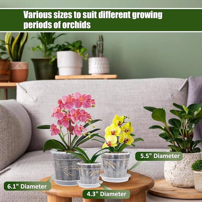 Orchid Pot with Saucers, 6 Pack Orchid Pots with Holes, 2 Each of 4.3",5.5",6.1" Clear Plastic Planter for Indoor Outdoor Plants (2 Each of 4.3,5.5",6.1" with Saucers)