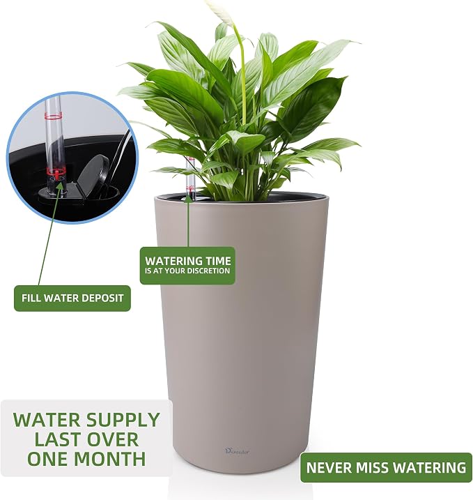 Dexceder 16x12 Self Watering Tall Planter (Taupe Matte) | High Cylinder, Thickened Large Floor Standing Flower Plant Pot with Water Level Indicator Indoor Outdoor