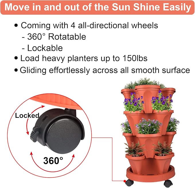 GameXcel Vertical Planter Tower - 4 Tier Stackable Garden Planters with Wheels and Tools Plant Pots for Strawberry Herb Flower and Vegetable Indoor Outdoor Use Red