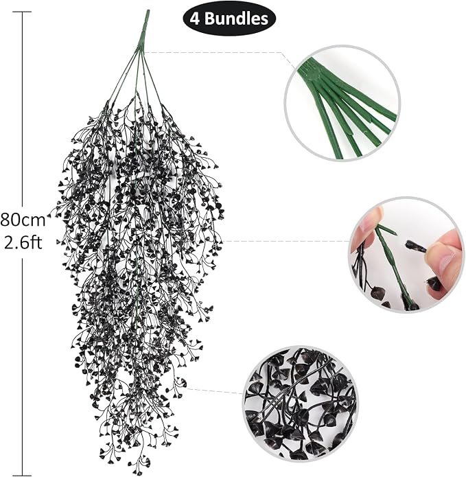 RECUTMS Artificial Hanging Plants 4Pcs Faux Hanging Vines Black Faux Ivy Vines Flowers Halloween Thanksgiving Decoration Indoor Outdoor Garden Wedding Balcony Room Decor (Black)