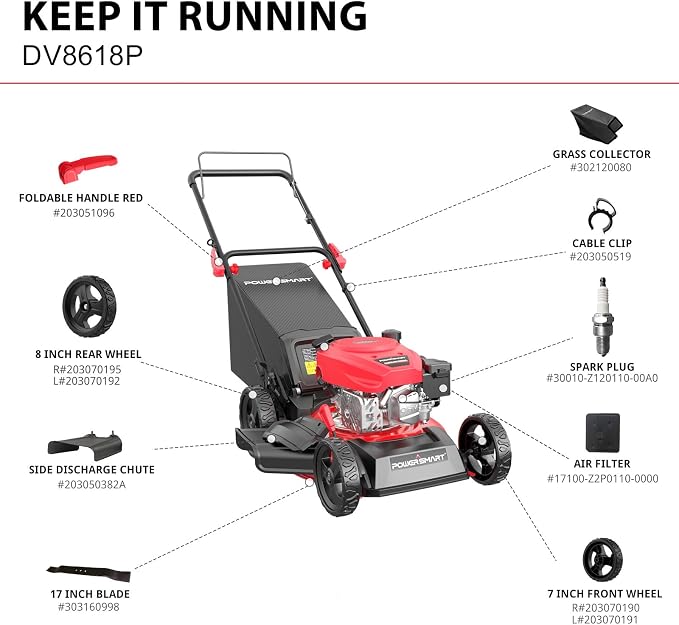 PowerSmart EasyCut 18-Inch 144cc Push Gas Lawn Mower, 3-in-1 Mulch/Bag/Side Discharge, Steel Deck, 6 Height Adjustment