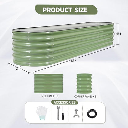 Galvanized Raised Garden Bed Outdoor- 2 Pcs Raised Beds for Gardening| Metal Planter Box, Steel Raised Garden Bed Kit with Gloves for Vegetables, Flower, Herbs (8x2x1.4FT, Green)