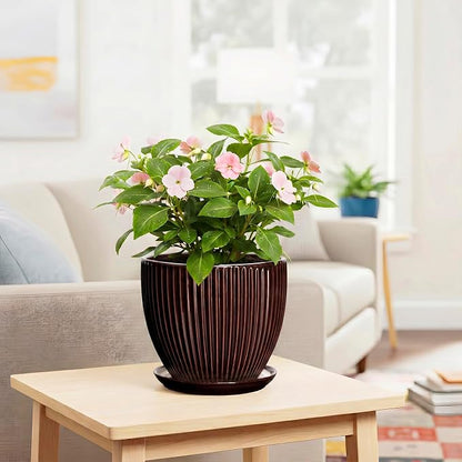 8 Inch Flower Pot, Ceramic Planters with Drainage Hole and Plant Saucer, Round Planters for Indoor Plants, Modern Plant Pot, Decorative Planter, Home Entryway Decor, Women Men Gifts, Brown