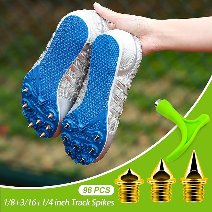 96PCS Alloy Steel Track Spikes, 32pcs 1/8in + 32pcs 3/16in + 32pcs 1/4in Track and Cross Country Spikes Golf Shoe Spike with Spike Wrench, Replacement for Sprint Sports Short Running