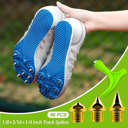 96PCS Alloy Steel Track Spikes, 32pcs 1/8in + 32pcs 3/16in + 32pcs 1/4in Track and Cross Country Spikes Golf Shoe Spike with Spike Wrench, Replacement for Sprint Sports Short Running