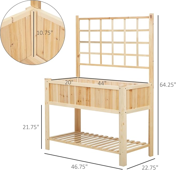Outsunny 47" Wooden Raised Garden Bed with Trellis, Coutryside Style Elevated Planter Box Stand with Open Storage Shelf, Spacious Planting Area for Vegetables, Herbs, Flowers