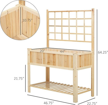 Outsunny 47" Wooden Raised Garden Bed with Trellis, Coutryside Style Elevated Planter Box Stand with Open Storage Shelf, Spacious Planting Area for Vegetables, Herbs, Flowers