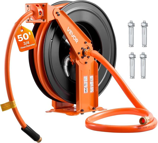 VEVOR Retractable Air Hose Reel, 3/4 Inch x 50 FT PVC Air Hose Max 300PSI, Auto Rewind Air-Compressor Hoses Reel with 5 ft Lead in, Ceiling/Wall Mount Heavy Duty Steel Double Arm