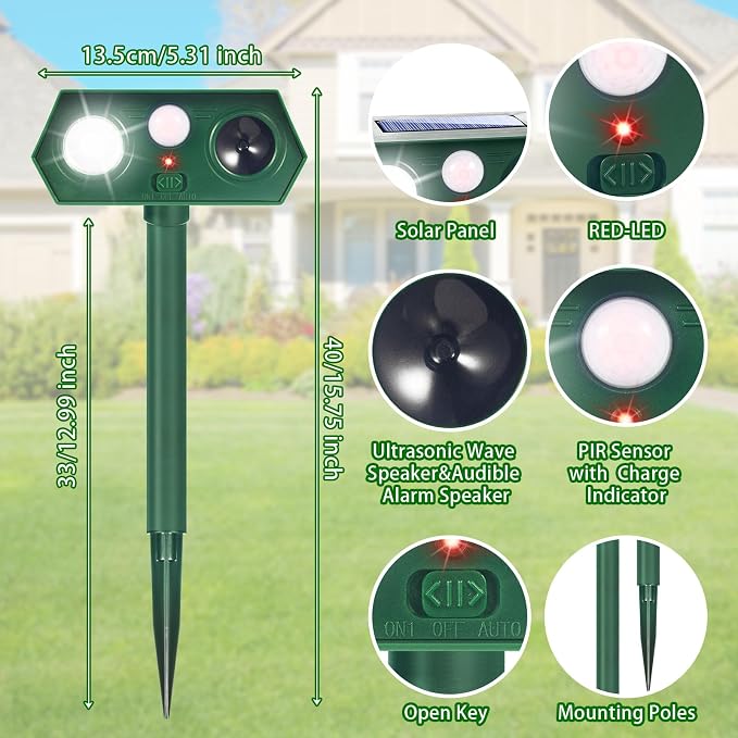 2026 Upgraded Solar Ultrasonic Animal Repeller Outdoor,Deer Repellent Devices with Motion Sensor & LED Flashing Light, Cat Deterrent for Yard,Garden,Rabbit, Squirrel, Raccoon, Dog,4 Pack Green