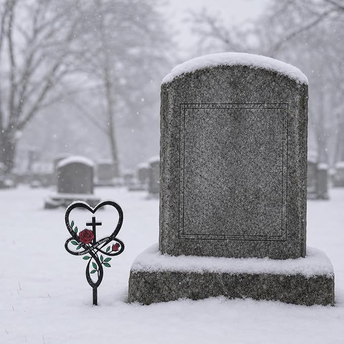 Cemetery Decorations for Grave, Forever in Our Hearts Metal Grave Marker for Outdoor Garden Yard Sympathy Decor, Flower Heart Cross Memorial Plaque Stake for Remembrance Son Mom Dad