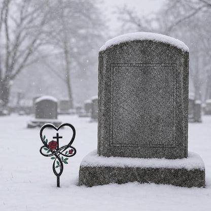 Cemetery Decorations for Grave, Forever in Our Hearts Metal Grave Marker for Outdoor Garden Yard Sympathy Decor, Flower Heart Cross Memorial Plaque Stake for Remembrance Son Mom Dad
