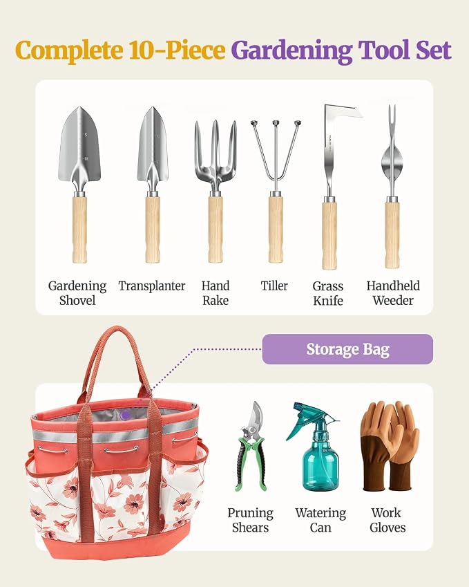 10 Pcs Heavy Duty Garden Hand Tools with Durable Garden Tools Handbag, Rust-Proof Garden Tool Set, Ideal Gardening Gifts for Women (Pink)