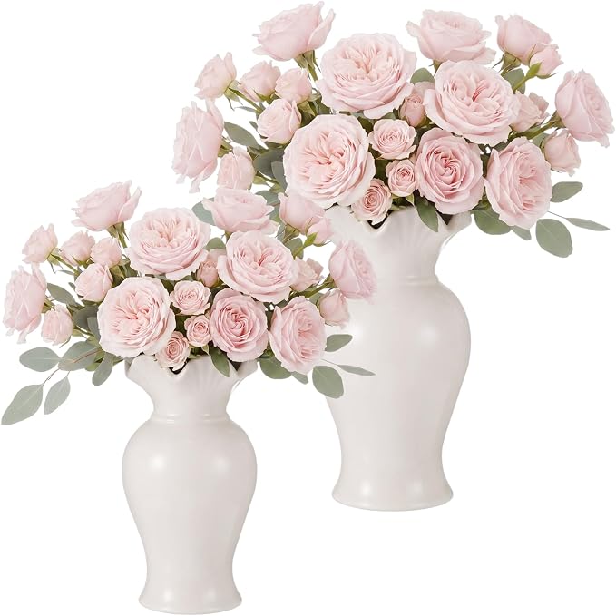 2 Pack White Ceramic Vase Set Small Rustic Decorative Vases Home Decor Wavy Edge Modern Flower Vases for Farmhouse Table Centerpiece Living Room Kitchen Bedroom (6.7,7.9in,Classic)