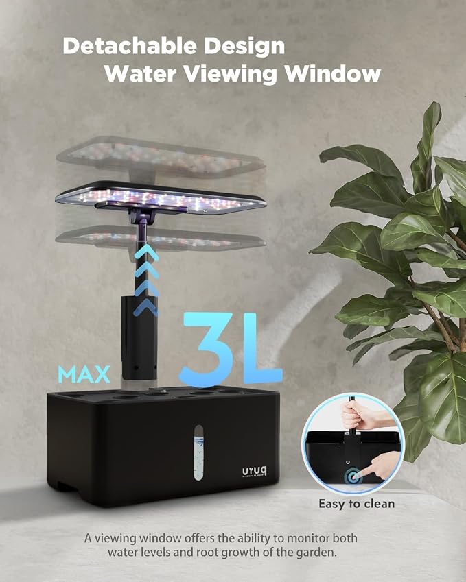URUQ 8 Pods Hydroponics Growing System with LED Grow Light - Black | Quiet Water Pump, Automatic Timer, Adjustable Height for Fresh Herbs, Vegetables, Indoor Kitchen Gardening Gifts for Women