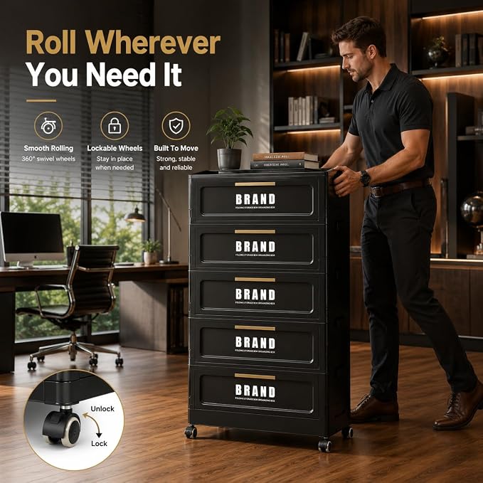 Foldable Storage Cabinet with Doors & Locking Wheels, 5-Tier Large-Capacity Organizer, No-Tool Setup, Impact-Resistant ABS Construction for Dorm, Pantry, Laundry, and Living Spaces