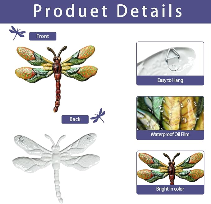 Metal Dragonfly Wall Decor 3D Colorful Outdoor Fence Wall Art Decor Hanging Decoration for Your Garden Yard Patio Balcony