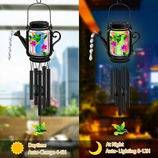 Solar Hummingbird Wind Chimes for Outside - Gifts for Mom Women Grandma,Solar Mason Jar Watering Can Hummingbird Light Unique Hanging Wind Chimes Outdoor,Yard Garden Terrace Courtyard