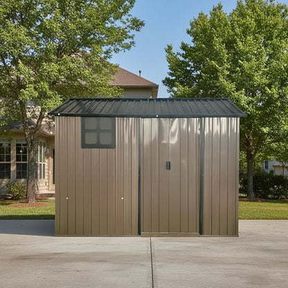 8x6 FT Outdoor Storage Shed,Galvanized Steel Heavy Duty Metal Tool Shed with Window & Vents,Sliding Door,Weatherproof Utility Shed for Backyard Patio Lawn,Brown