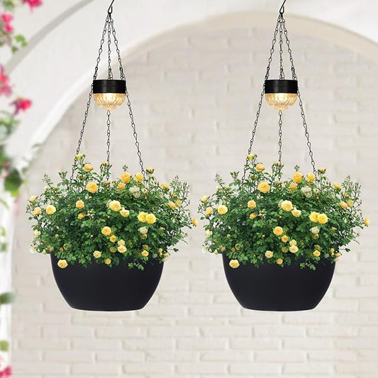 SUNNYPARK 2 Pack Solar Hanging Planters for Plants Outdoor | Self Watering, Black Flower Pots with Solar Light, Hanging Garden Planters with Drainer for Balcony Patio Outdoor Decor