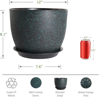 UOUZ 12inch Large Plant Pot, Modern Plastic Planter with High Driange Holes and Saucer for Indoor Outdoor Garden Plants and Flowers, Black with Green Speckles