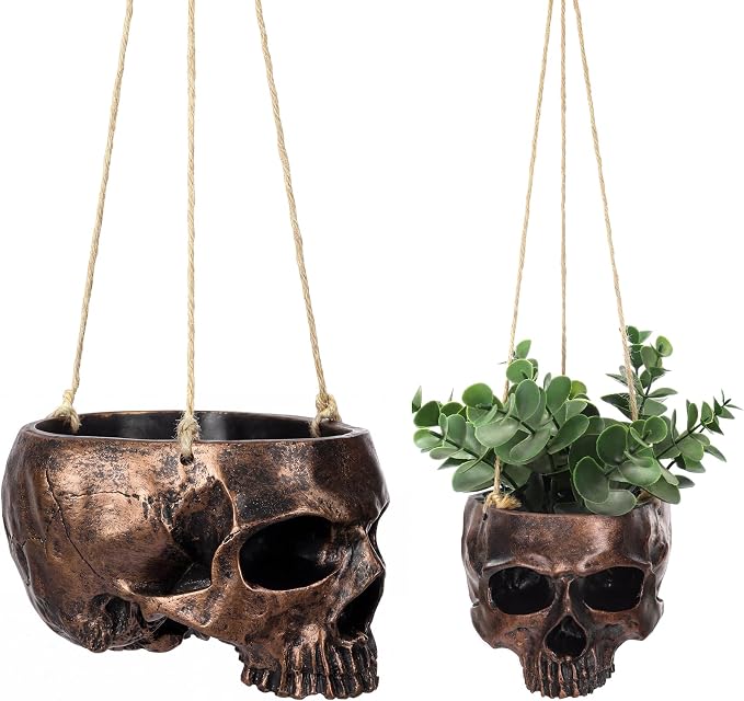 2 Pack Hanging Skull Planter Pot with Ropes Gothic Skeleton Plant Pot Skull Candy Bowl for Succulent Plants Flowers Horror Head Wall Decoration (Bronze)