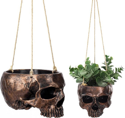 2 Pack Hanging Skull Planter Pot with Ropes Gothic Skeleton Plant Pot Skull Candy Bowl for Succulent Plants Flowers Horror Head Wall Decoration (Bronze)