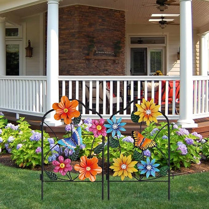 hogardeck Garden Decor for Outside, Set of 2 Metal Fence Decorative Garden Stakes with Flowers for Spring Decor, Yard Signs for Outdoor Patio Lawn Backyard Porch Decorations