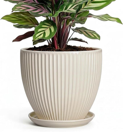 6 Inch Planter, Ceramic Pots for Plants Indoor, Decorative Plant Pots with Drainage Hole and Saucer, Round Flower Pot, Modern Small Planter, Office Decor, Gifts for Plant Lovers, Cream White