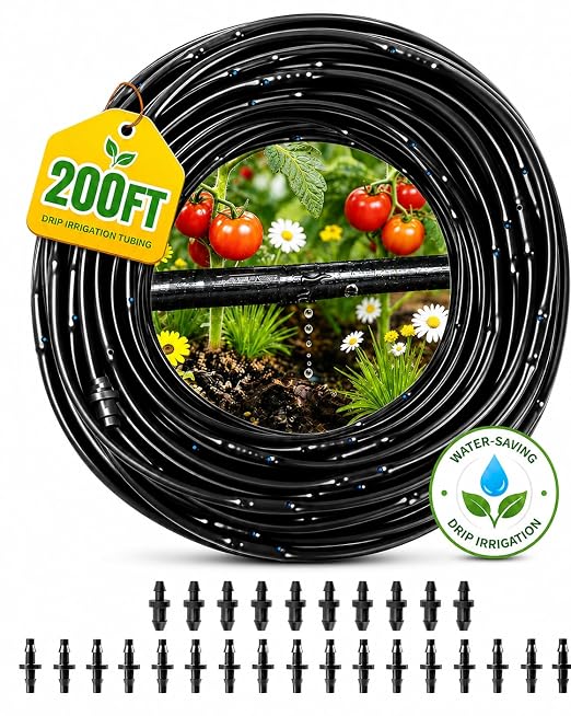 1/4 Drip Irrigation Tubing 200FT, Dripline Tubing with 6 Inch Emitter Spacing, Built-in 0.5 GPH Drippers, 1/4 Irrigation Tubing Drip Line with Fittings and End Plugs for Raised Beds, Garden Rows