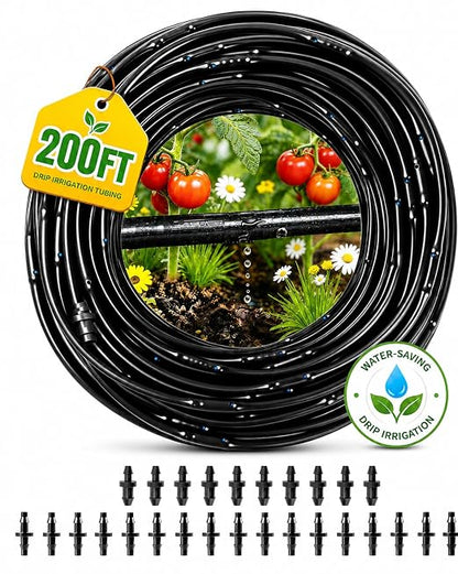 1/4 Drip Irrigation Tubing 200FT, Dripline Tubing with 6 Inch Emitter Spacing, Built-in 0.5 GPH Drippers, 1/4 Irrigation Tubing Drip Line with Fittings and End Plugs for Raised Beds, Garden Rows