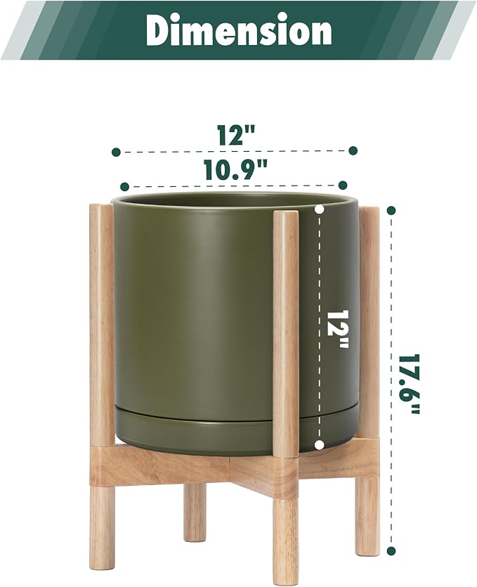 D'vine Dev Ceramic Planter with Natural Stand - 12 Inch Modern Round Flower Pot with Wood Planter Holder, Olive, 55-B-J-J