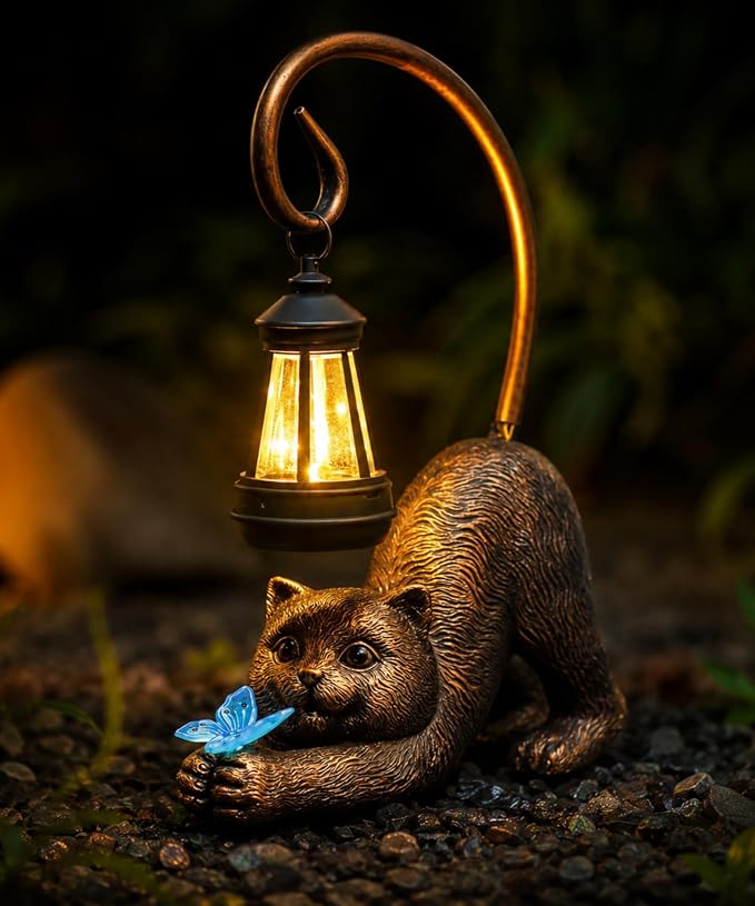 Solar Cat Garden Statue: Outdoor Sculptures with Lantern | Weatherproof Resin Decorations, Art Patio Balcony Yard Lawn Decor, Unique Birthday Gift for Women Mom Grandma