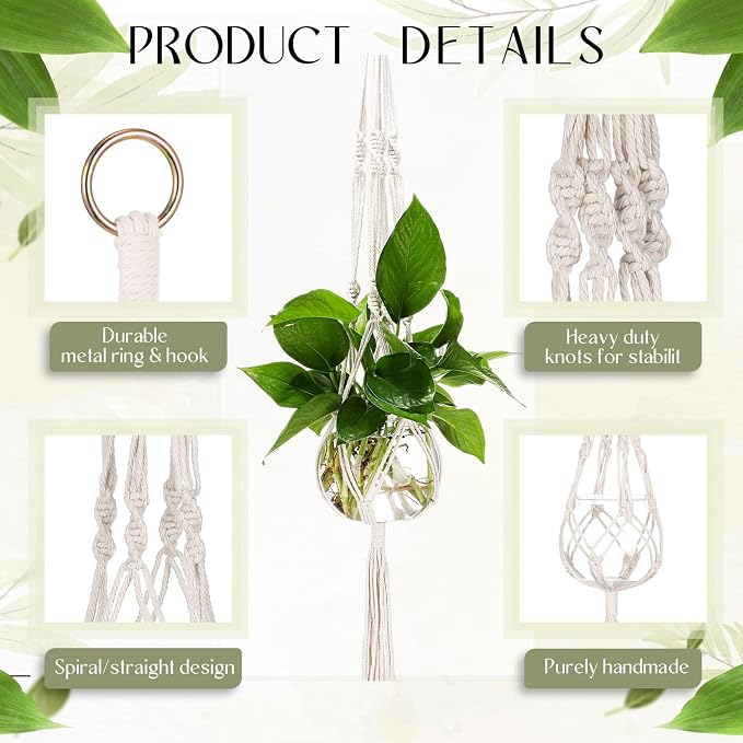 Colingmill 6 Pcs Boho Macrame Plant Hanger with Small Plastic Pot Hanging Plant Holder Wall Planter Propagation Station Include Hooks Kit for Indoor Home Garden Office Decor 3 Size (White)