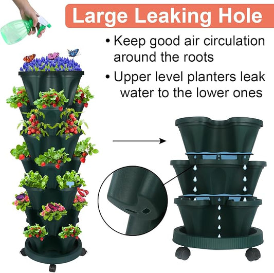 GameXcel Vertical Planter, 7 Tier Stackable Strawberry Planter with Garden Tool Set, Movable Indoor/Outdoor Garden Herb Pot for Growing Vegetables and Succulents, Green
