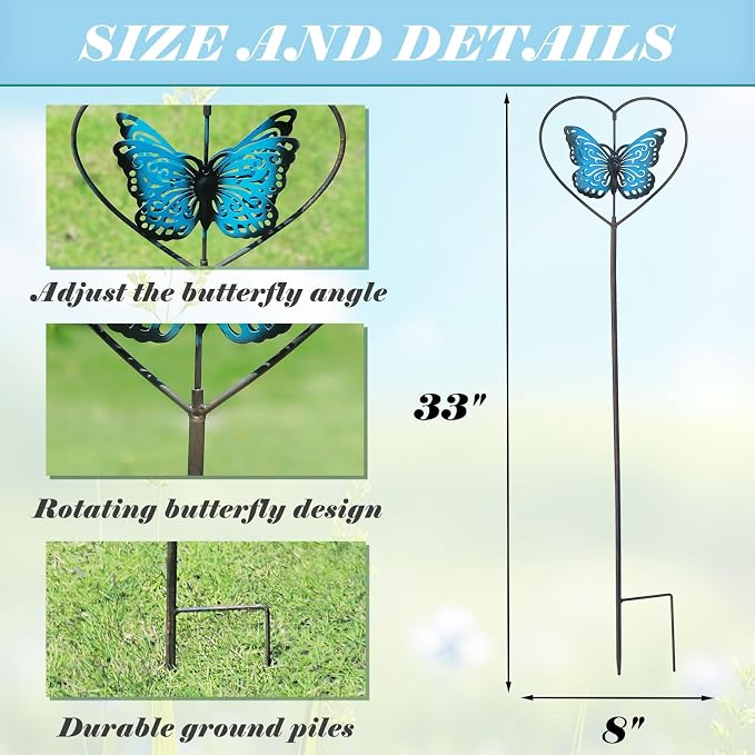 Decorative garden stakes,rotating butterfly garden stake,cemetery decor | vintage blue metal garden decor;perfect for flower pots, outdoor gardens, lawns and garden decor for outside