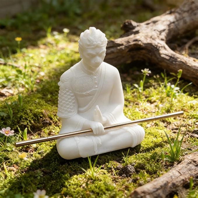 livelyfish Aquarium Sun Wukong Statue Monkey Kings Buddha Statues Zen Sandstone Figurines for Fish Tank Garden Aquarium Decor (White)